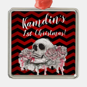 Personalisierter Totenkopf Rose Gothic Chevron rot Ornament Aus Metall