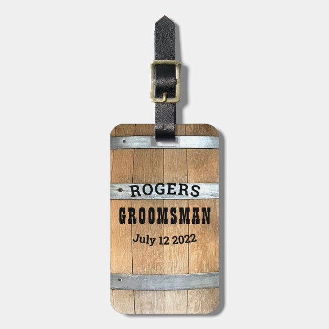 Personalisierter Trauzeuge Bourbon Barrel Gepäckanhänger (Vorderseite vertikal)