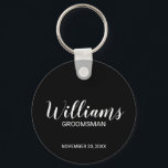 Personalisierter Trauzeuge für Schwarz-Modernes Sk Schlüsselanhänger<br><div class="desc">Personalisierte Trauzeuge Geschenke mit dem Namen des personalisierten Trauzeugen im modernen,  weißen Script-Schriftart Stil mit Titel und Hochzeitsdatum in modernen Sans Serif Schriftart Stil auf schwarzem Hintergrund. Auch perfekt für Trauzeuge,  Brautvater,  Brautjungfrau,  Trauzeugin,  Brautmutter und mehr.</div>
