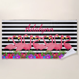 Personalisierter tropischer Flamingo und Streifen Strandtuch