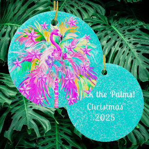 Personalisierter tropischer Palmenbaum-Flamingo-We Keramik Ornament