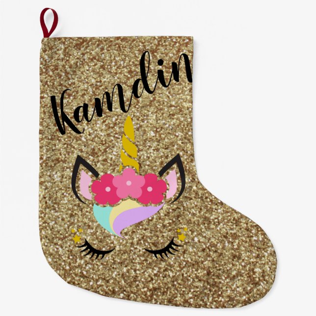 Personalisierter Unicorn Gold Glitzer Strumpf Großer Weihnachtsstrumpf (Vorderseite)