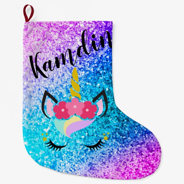 Personalisierter Unicorn Ombre Glitzer-Strumpf Großer Weihnachtsstrumpf (Vorderseite)