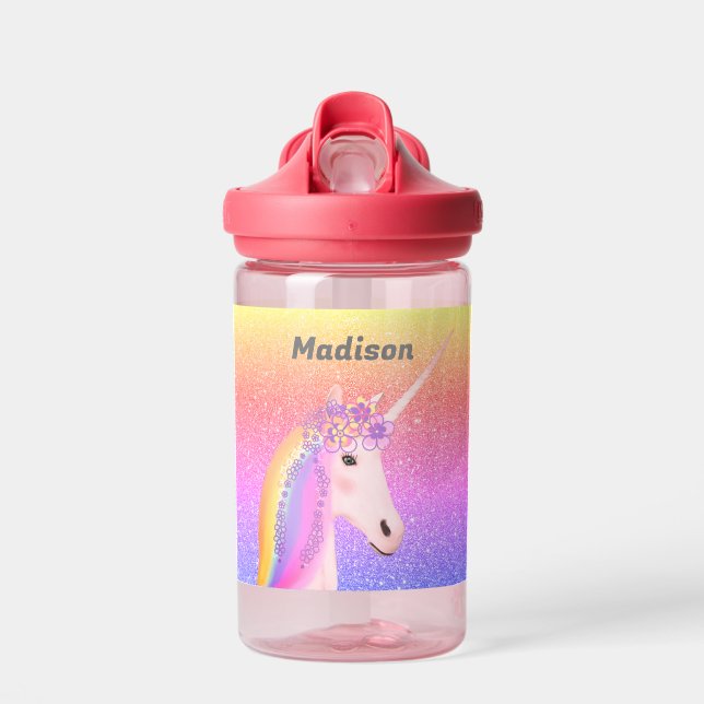 Personalisierter Unicorn Regenbogen Glitzer Sparkl Trinkflasche (Vorne)