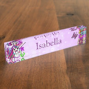 Personalisierter Unicorn, Schmetterling und Blumen Namensplakette