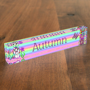 Personalisierter Unicorn, Schmetterling und Blumen Namensplakette