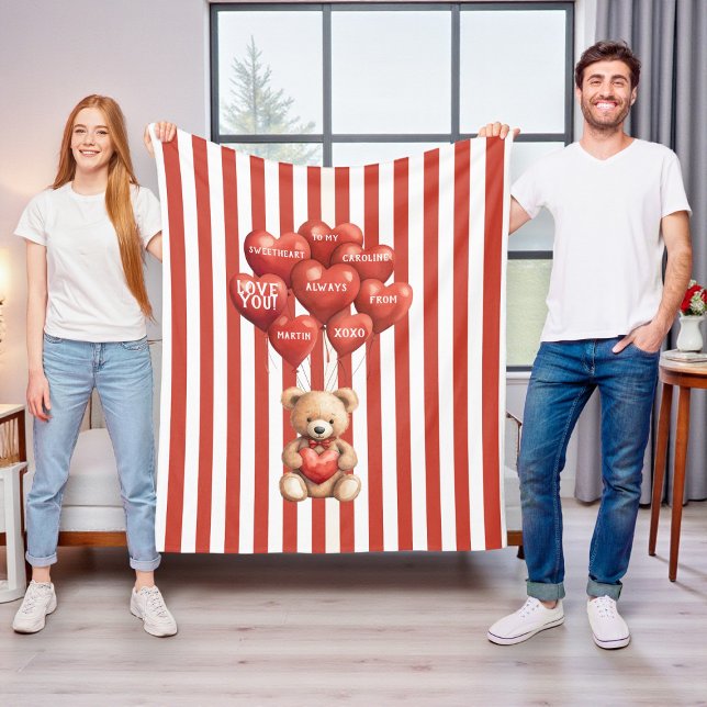 personalisierter Valentinstag roter gestreifter Bä Fleecedecke (Von Creator hochgeladen)