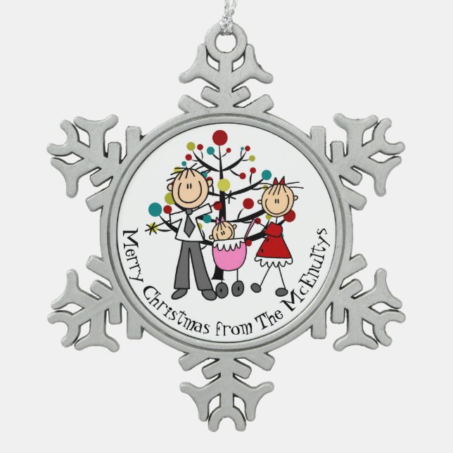 Personalisierter Vater, Mama, Baby-Schneeflocken Schneeflocken Zinn-Ornament (Vorderseite)