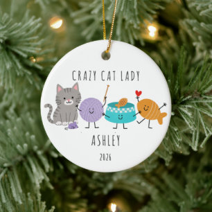 Personalisierter Verrückter-Katzen-Dame-Weihnachts Keramik Ornament