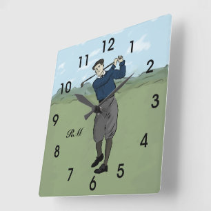 Personalisierter Vintage-Golfer, der seinen Schläg Quadratische Wanduhr