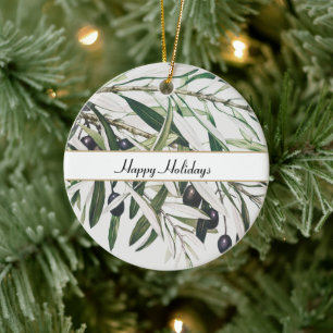 Personalisierter Vintage-Olivenzweig Frohe Feierta Keramik Ornament