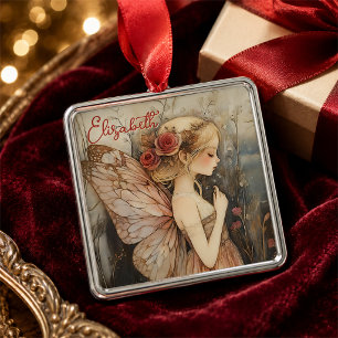 Personalisierter Vintage-Weihnachtsfee mit Rosen Ornament Aus Metall