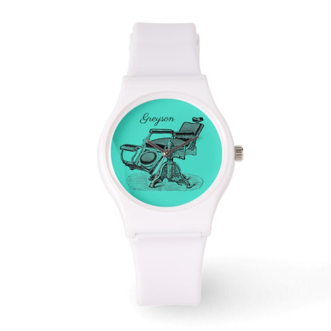 Personalisierter Vintager Barberstuhl Blue Armbanduhr (Vorderseite)