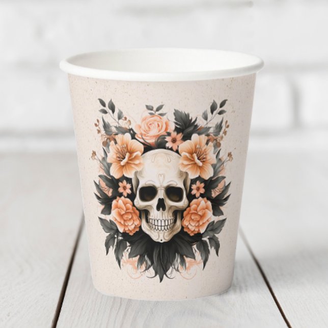 Personalisierter Vintager Blumenschmuck Pappbecher (Add a little elegance to your Halloween party with these spooky skull paper cups.)