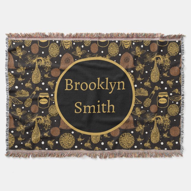 Personalisierter Vintager Honigbienenschwarz Decke (Vorderseite)