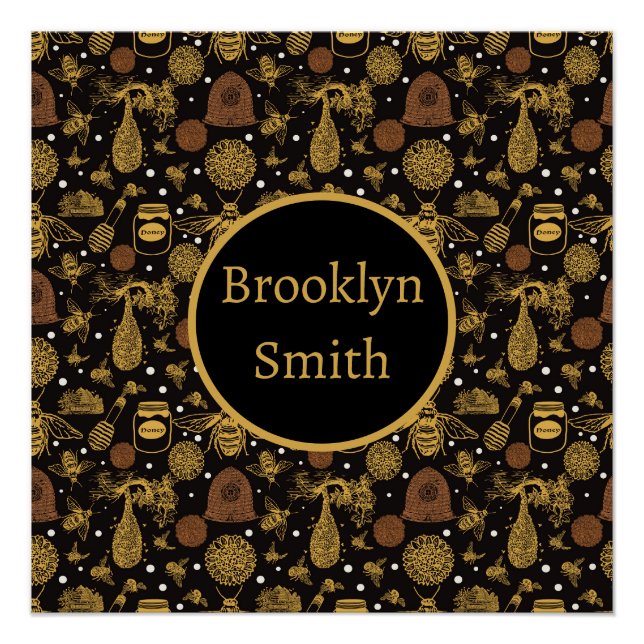 Personalisierter Vintager Honigbienenschwarz Poster (Vorderseite)