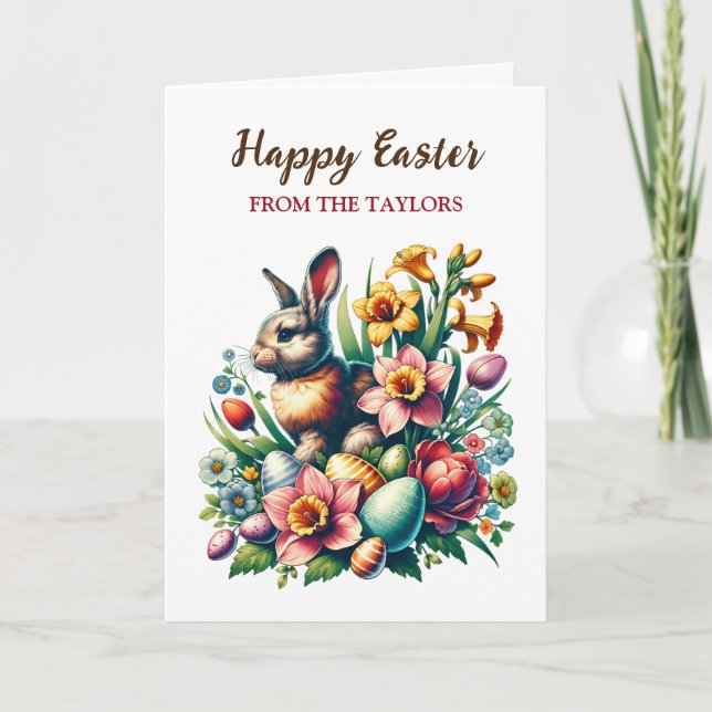 Personalisierter Vintager Osterhase und Blume Karte (Vorderseite)