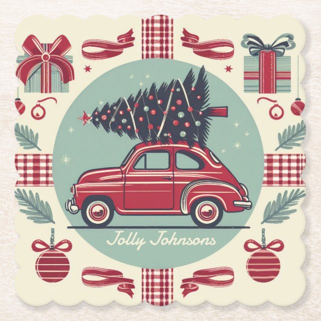 Personalisierter Vintager Urlaub Retro Weihnachtsw Untersetzer (Vorderseite)