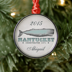 Personalisierter Vintager Wal Nantucket MA Ornamen Silbernes Ornament