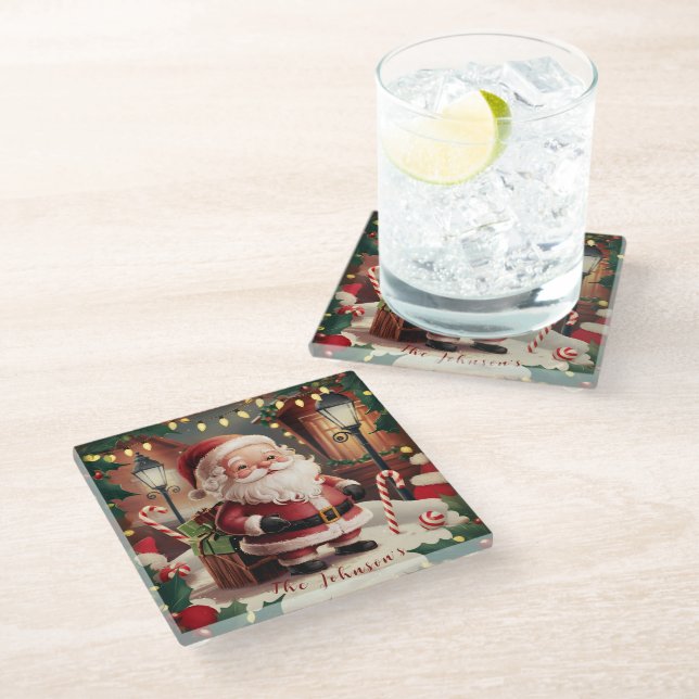 Personalisierter Vintager Weihnachtsmann Retro Wei Glasuntersetzer (Schrägansicht)