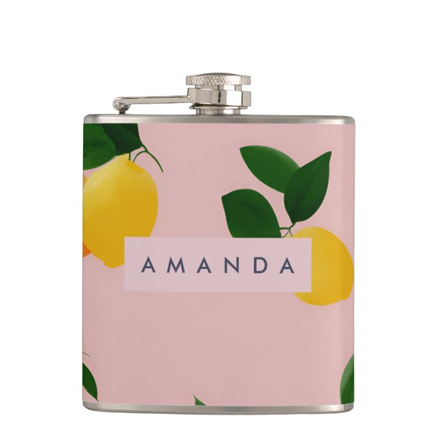 Personalisierter Vinyl Wrapped Niedlich Pink Lemon Flachmann (Vorderseite)