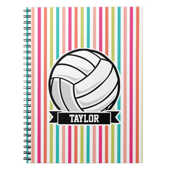 Personalisierter Volleyball auf farbenfrohen Strei Notizblock (Vorderseite)
