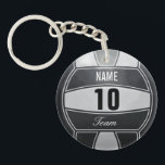 Personalisierter Volleyball-Sport Schlüsselanhänger<br><div class="desc">Volleyballillustration mit individuellem Namen. Fügen Sie Zahl und Team ein. Elegantes Schwarzweiss,  Kunst durch José Ricardo</div>