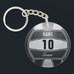 Personalisierter Volleyball-Sport Schlüsselanhänger<br><div class="desc">Volleyballillustration mit individuellem Namen. Fügen Sie Zahl und Team ein. Elegantes Schwarzweiss,  Kunst durch José Ricardo</div>