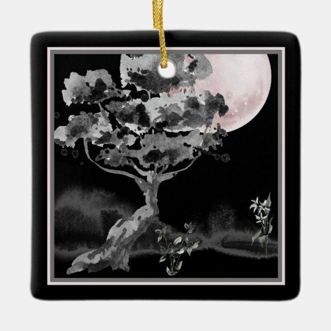 Personalisierter Vollmond und Baum Japanisches Wei Keramikornament (Vorderseite)