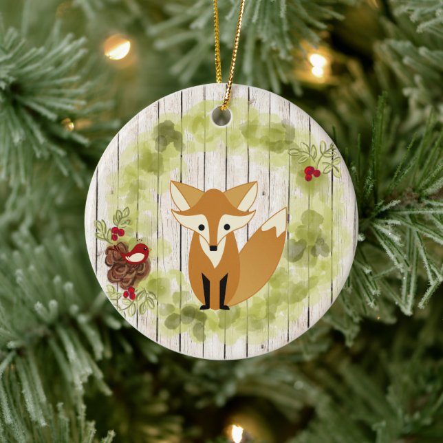 Personalisierter Waldfox und Weihnachten im Kraut Keramikornament (Baum)