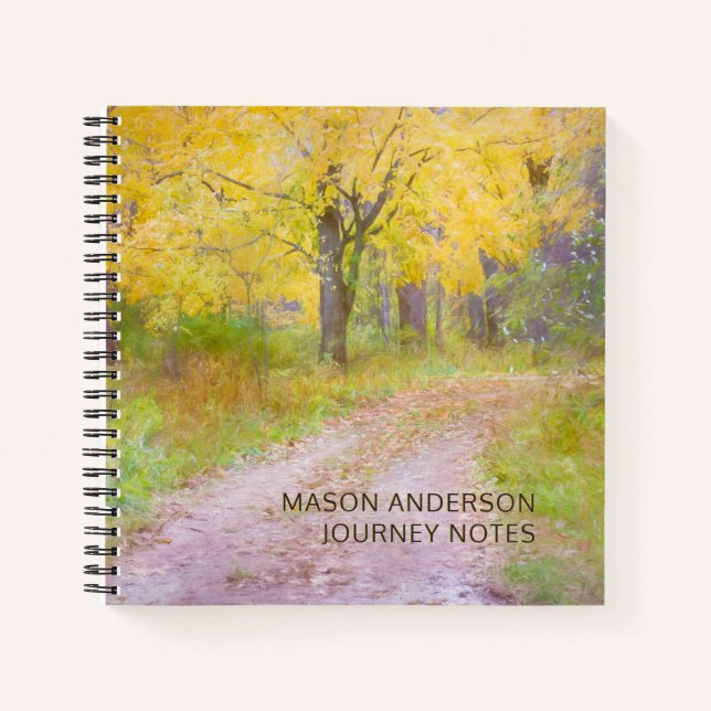 Personalisierter Waldweg Herbst Notizbuch (Vorderseite)