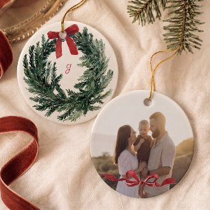 Personalisierter Wasserfarben-Kranz-Foto-Weihnacht Keramik Ornament