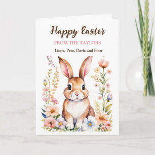 Personalisierter Wasserfarben-Osterhase und Blumen Karte