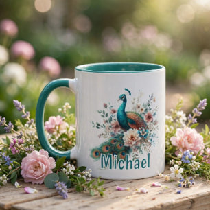 Personalisierter Wasserfarben-Pfau   Tasse