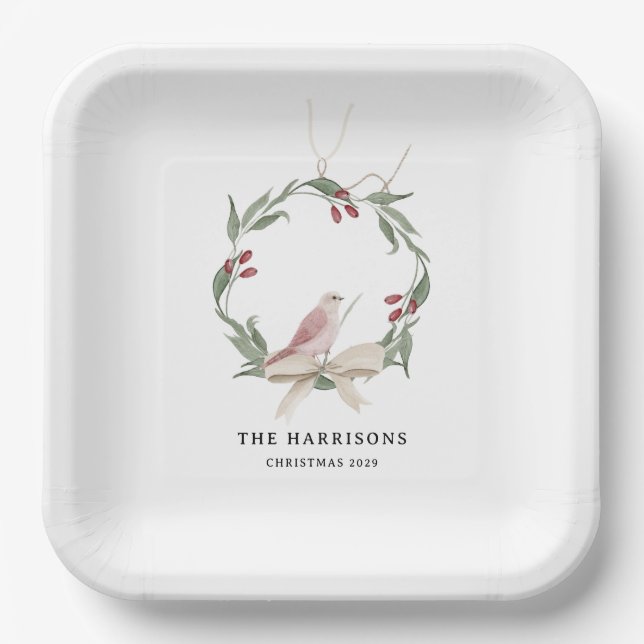 Personalisierter Wasserfarben-Weihnachtskranz Weiß Pappteller (Vorderseite)