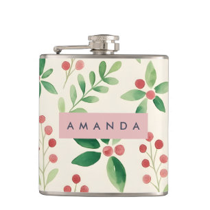 Personalisierter Wasserfarben-Winterbeeren-Stil Flachmann