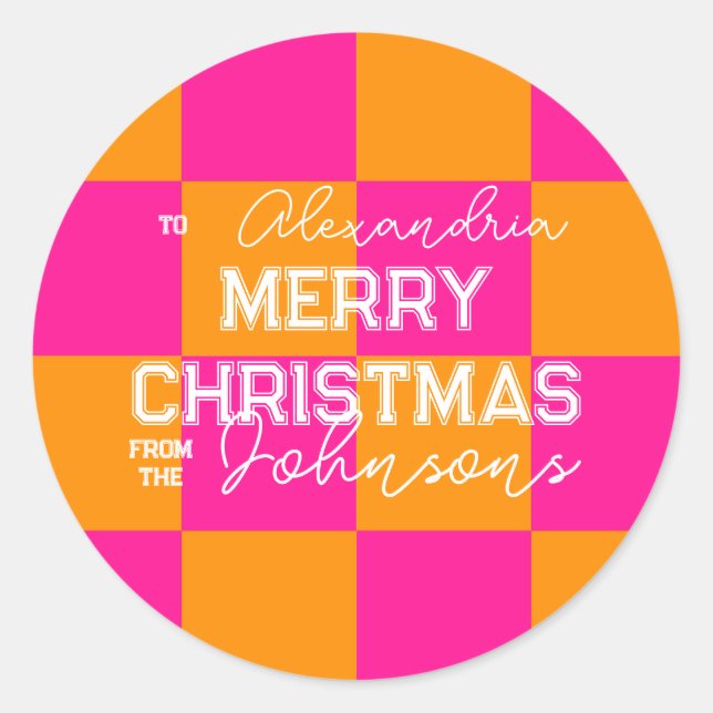 Personalisierter Weihnachts-Karo Heiß rosa Orange Runder Aufkleber (Vorderseite)