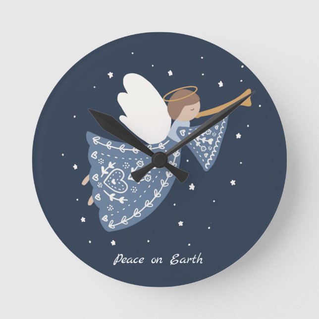 Personalisierter Weihnachtsangel Holiday Peace Ear Runde Wanduhr (Vorderseite)