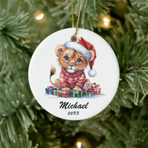 Personalisierter Weihnachtsbaby-Löwe mit Santa-Hut Keramik Ornament