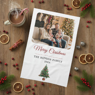 Personalisierter Weihnachtsbaum Familienfoto Geschirrtuch