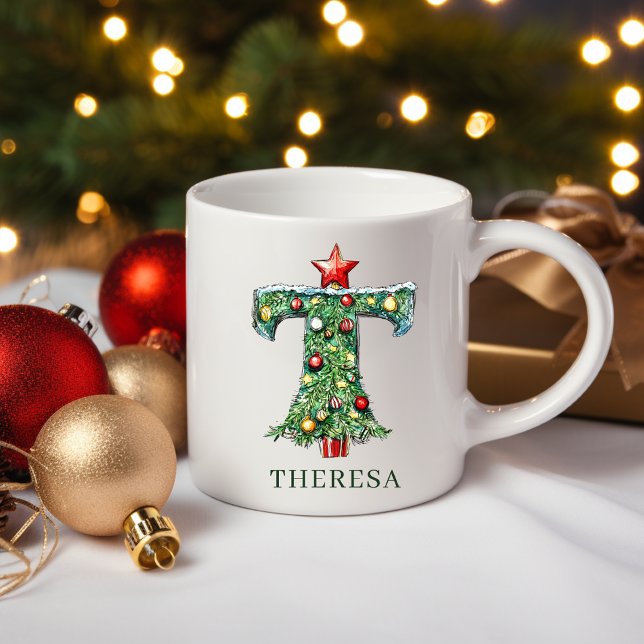 Personalisierter Weihnachtsbaum-Monogramm-T Kaffeetasse (Personalized Festive Christmas Tree Monogram T Coffee Mug)