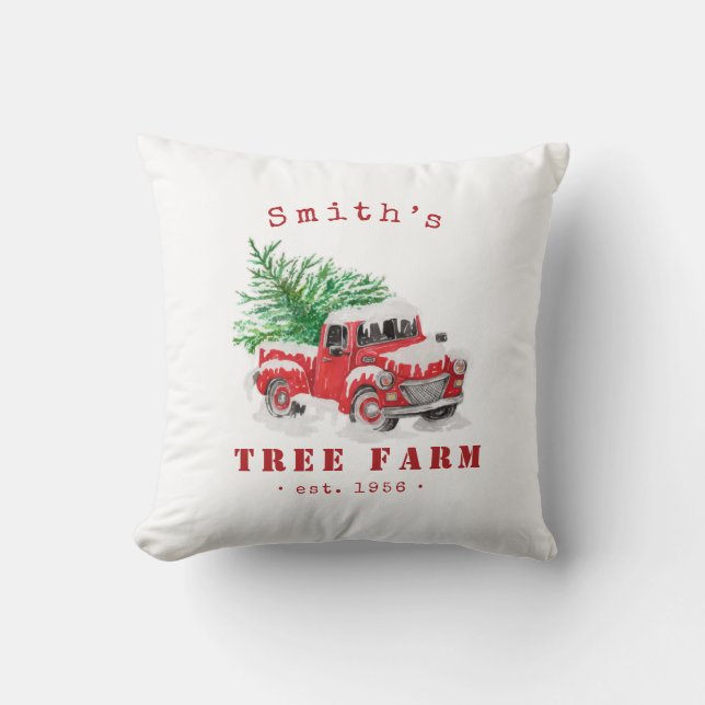 Personalisierter Weihnachtsbaumhof Roter LKW Kissen (Vorderseite)