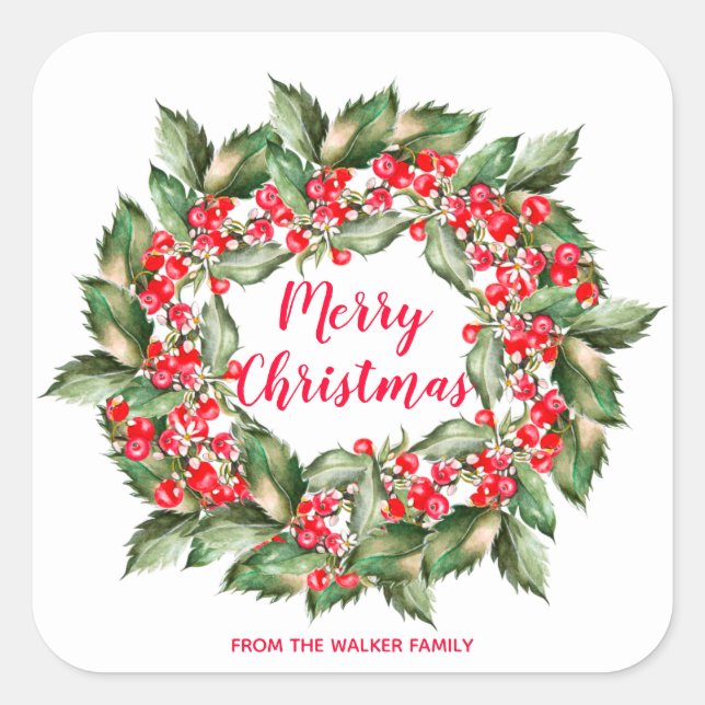 Personalisierter WeihnachtsbeerenWreath Quadratischer Aufkleber (Vorderseite)