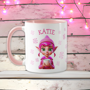Personalisierter Weihnachtself Rosa Schneeflocken  Tasse