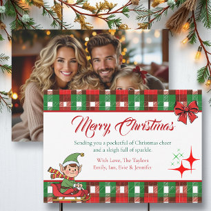 Personalisierter Weihnachtself und Karo-Funkeln Feiertagskarte
