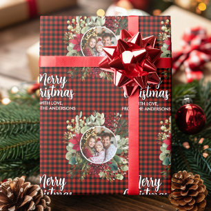 Personalisierter Weihnachtskranz-Familienfoto-Plai Geschenkpapier