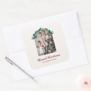Personalisierter Weihnachtskranz Foto & Namensaufk Quadratischer Aufkleber