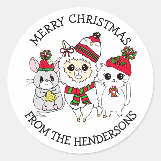 Personalisierter Weihnachtslama, Kitten und Maus Runder Aufkleber (Vorderseite)