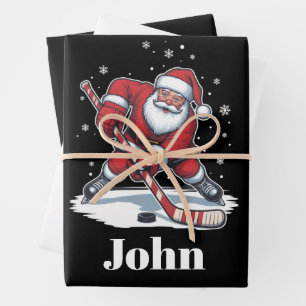 Personalisierter Weihnachtsmann Eishockey Weihnach Geschenkpapier Set