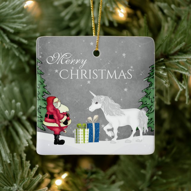 Personalisierter Weihnachtsmann und Einhorn Frohe  Keramikornament (Baum)